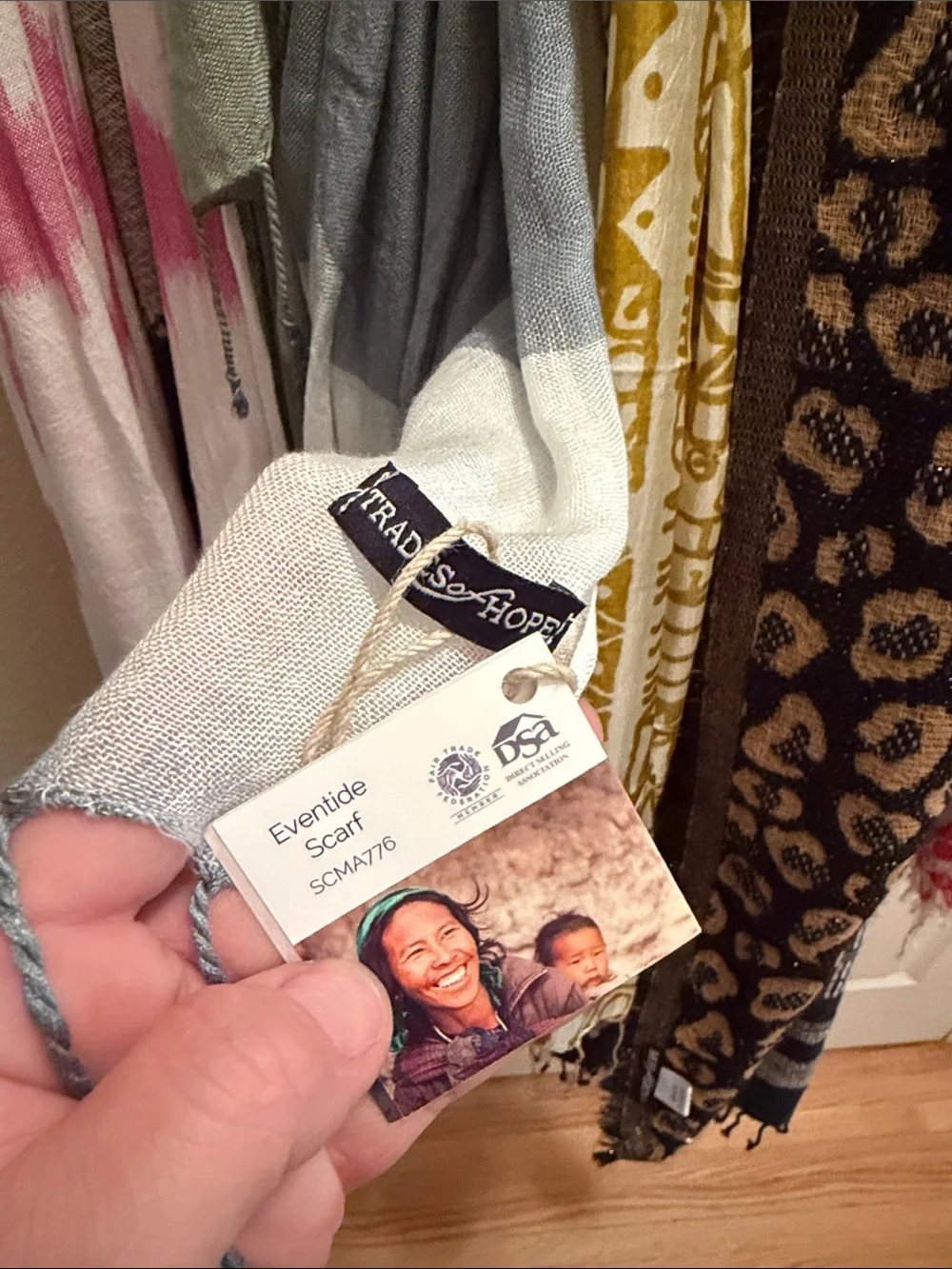 Trades of Hope brand- Lightweight Gradient Fringe Throw in blue, sage and white